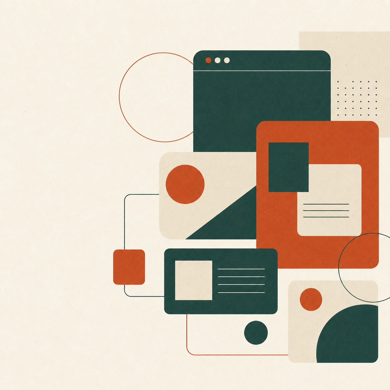 Abstract illustration of portfolio layout cards and browser windows in terracotta and forest green