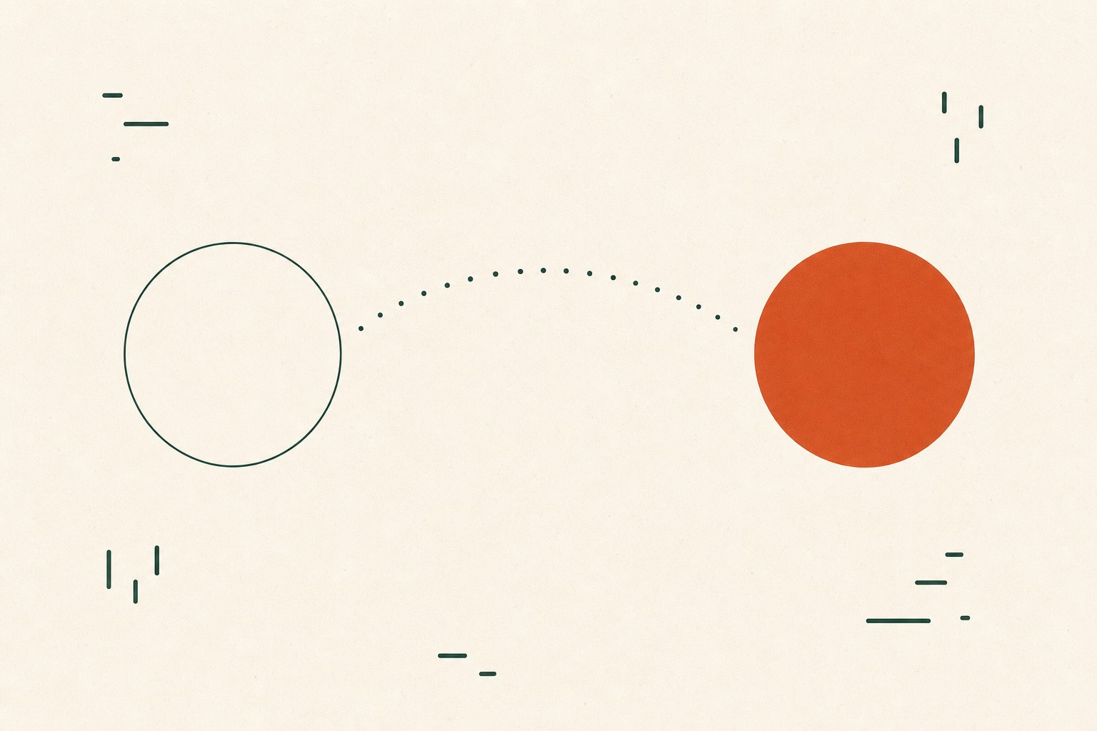 An outlined circle connected by a dotted arc to a solid terracotta circle, representing transformation